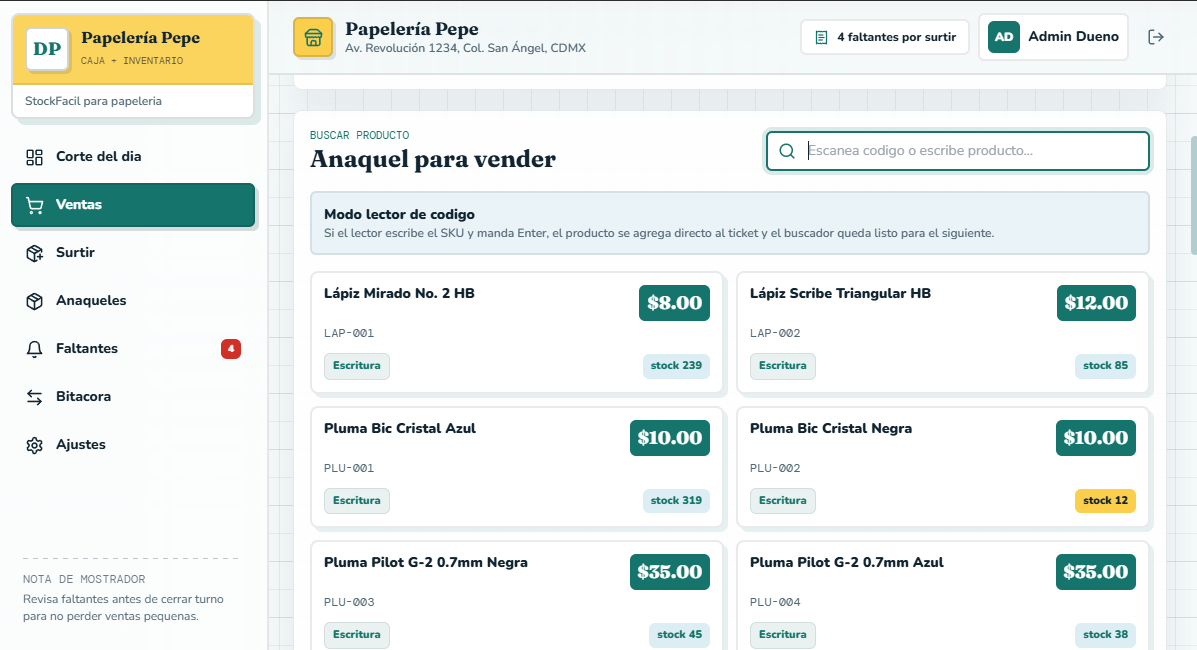 Interfaz de Papelería