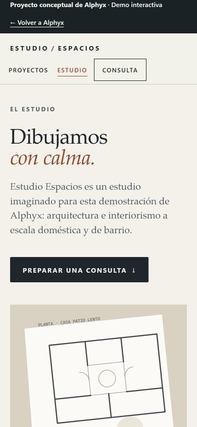 Página Estudio de Estudio Espacios en la versión 5, en celular: titular en serif «Dibujamos con calma.», un párrafo, el botón «Preparar una consulta» en mayúsculas y el inicio de la ilustración de la planta.