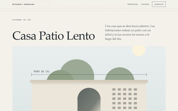 Ficha de Casa Patio Lento en la versión 5, en escritorio: rótulo «Vivienda 01 / 06», título en serif «Casa Patio Lento», un párrafo a la derecha y una ilustración dibujada de la casa con árboles redondos, un arco y una cota «Muro de cal».