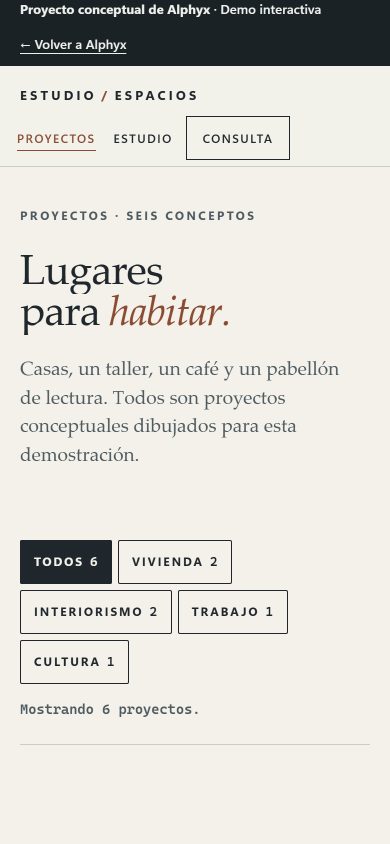 Página Proyectos de Estudio Espacios en la versión 5, en celular: titular en serif «Lugares para habitar.», un párrafo, cinco filtros con borde en mayúsculas repartidos en tres líneas y el texto «Mostrando 6 proyectos.».