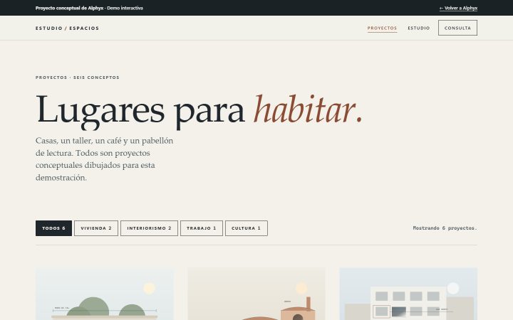 Página Proyectos de Estudio Espacios en la versión 5, en escritorio: titular en serif «Lugares para habitar.» con «habitar» en cursiva terracota, filtros como botones con borde en mayúsculas («Todos 6», «Vivienda 2», «Interiorismo 2», «Trabajo 1», «Cultura 1») y el inicio de tres tarjetas con ilustraciones dibujadas.
